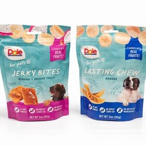 TWO pet treats by Dole. Banana & jerky bites w/banana and dragon fruit